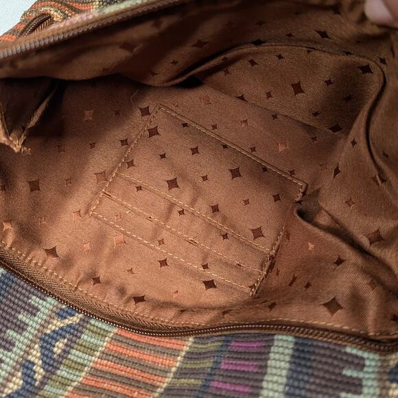Fossil Brown Suede Colorful Baja Woven Canvas Turnlock Crossbody Swing Bag - Picture 6 of 8